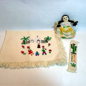 Vintage Mexican Folk Art Hand Embroidered Cloth & Book Mark Cloth Doll